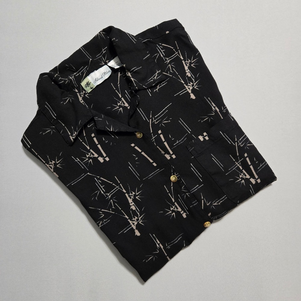 Island Blue‎ Hawaiian Shirt Mens Large Black Bamboo Aloha Tropical Button Rayon